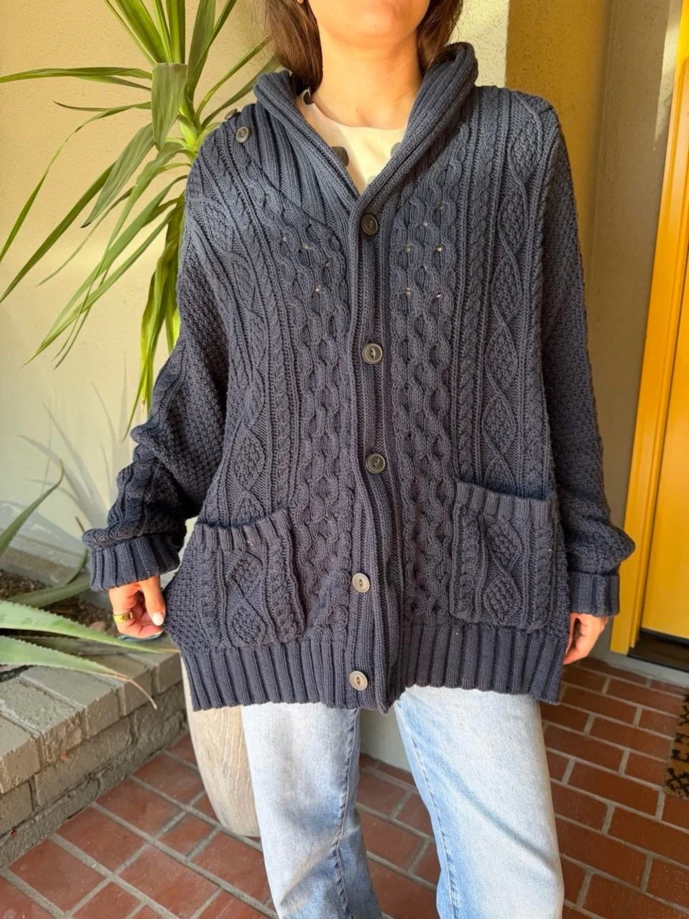 LL Bean Signature Shawl Collar Cable Cardigan - Navy Blue Men’s XL